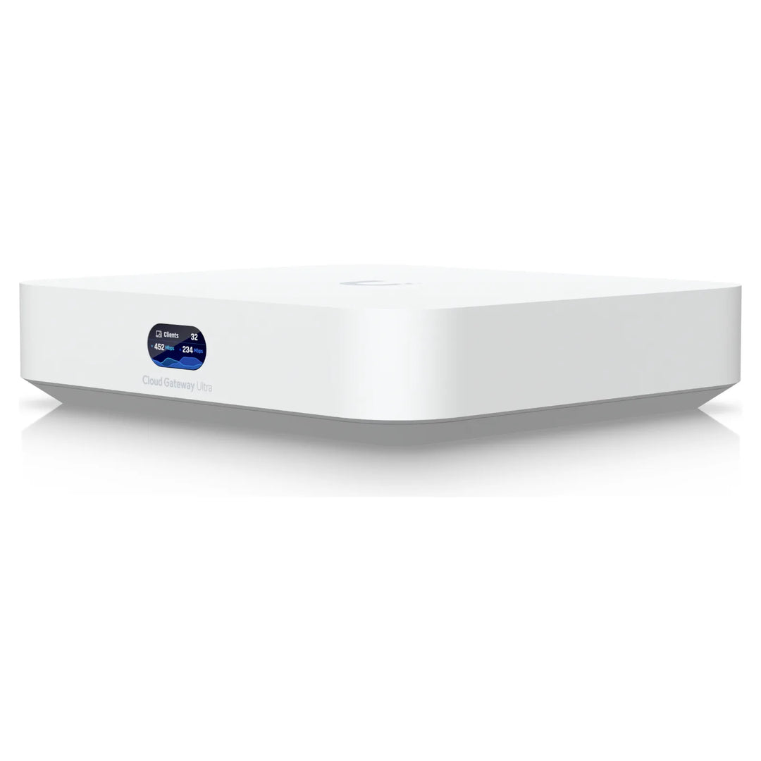 UniFi Cloud Gateway Ultra en perspectiva, gateway de sobremesa blanco