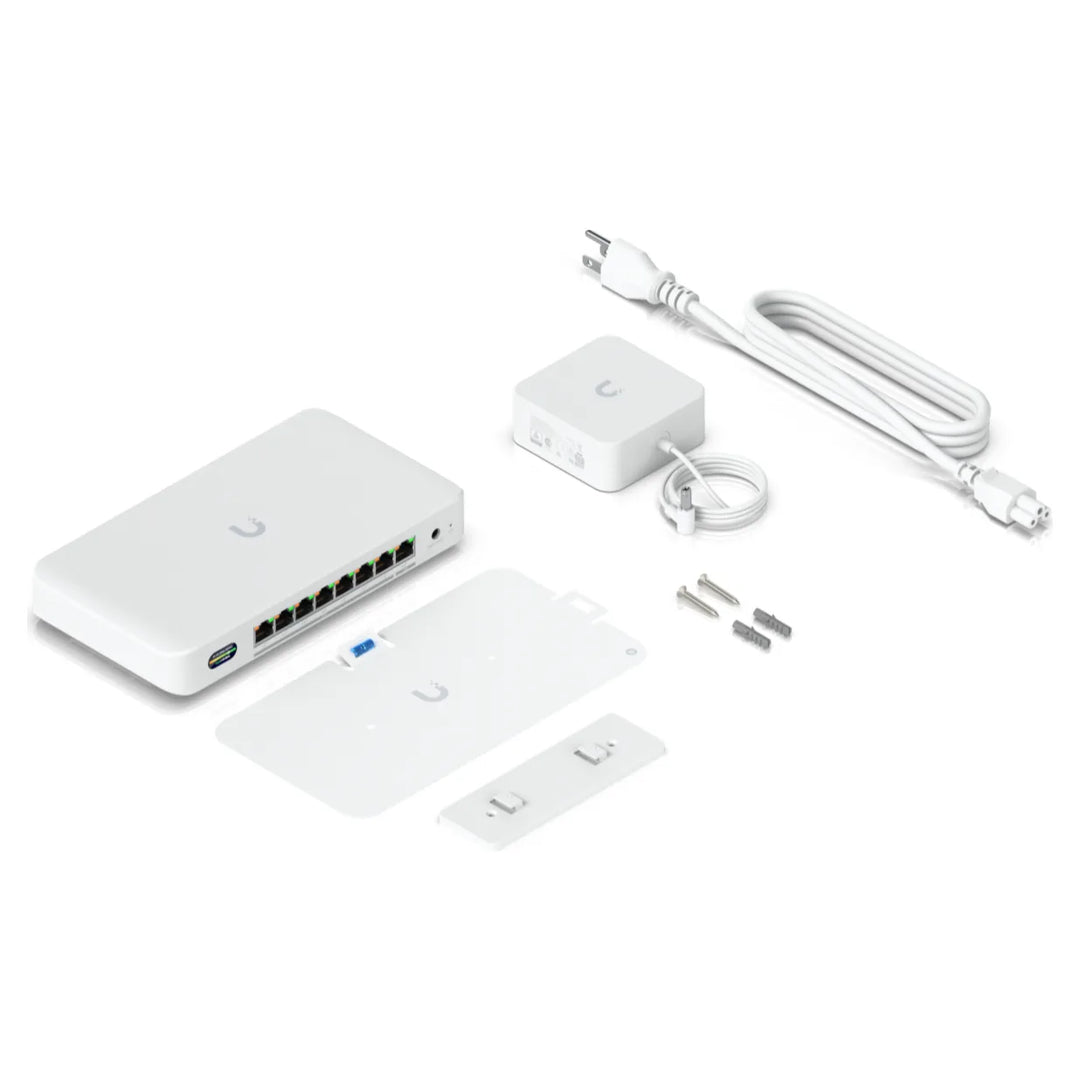UniFi Device Bridge Switch box contents: device, power adapter, cable, wall mount and screws