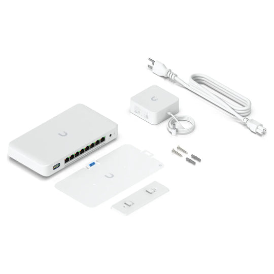 UniFi Device Bridge Switch box contents: device, power adapter, cable, wall mount and screws
