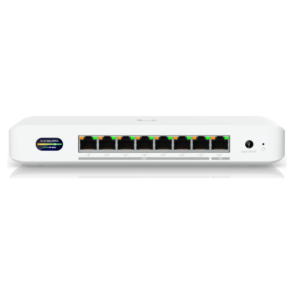 UniFi Device Bridge Switch: front view with status display and 8 RJ45 PoE+ ports