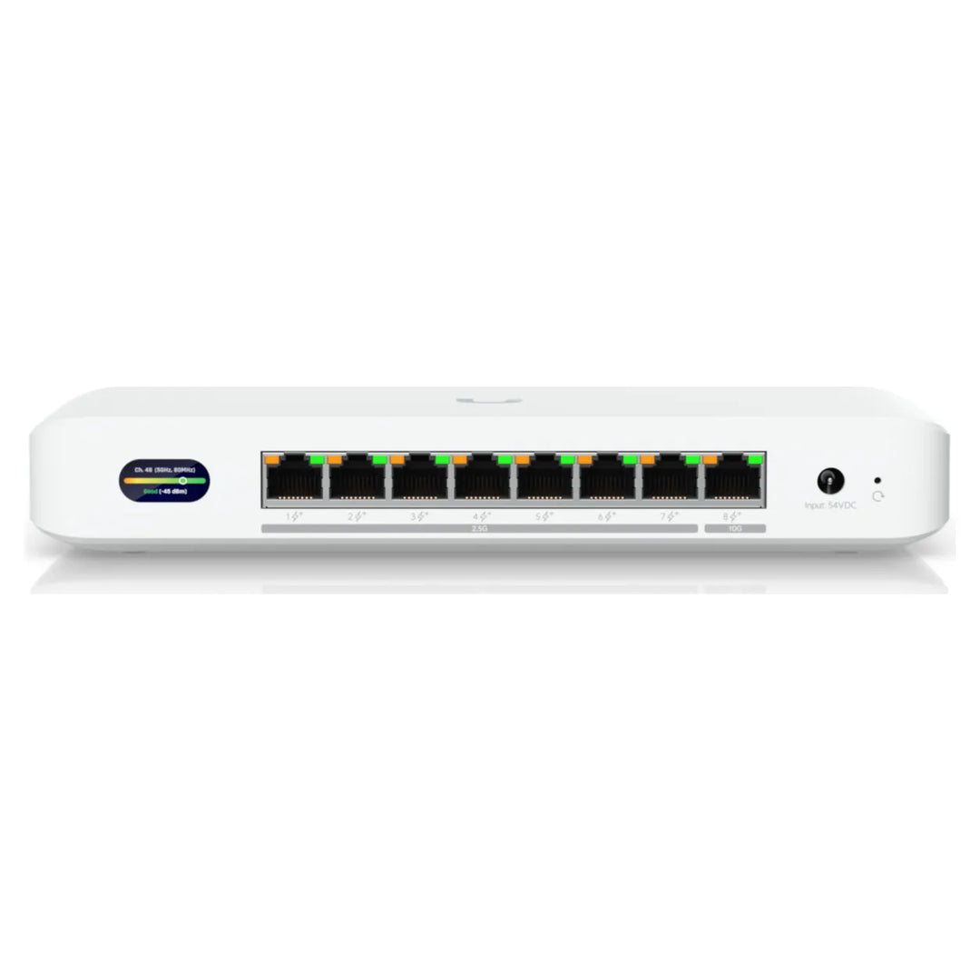 UniFi Device Bridge Switch: front view with status display and 8 RJ45 PoE+ ports