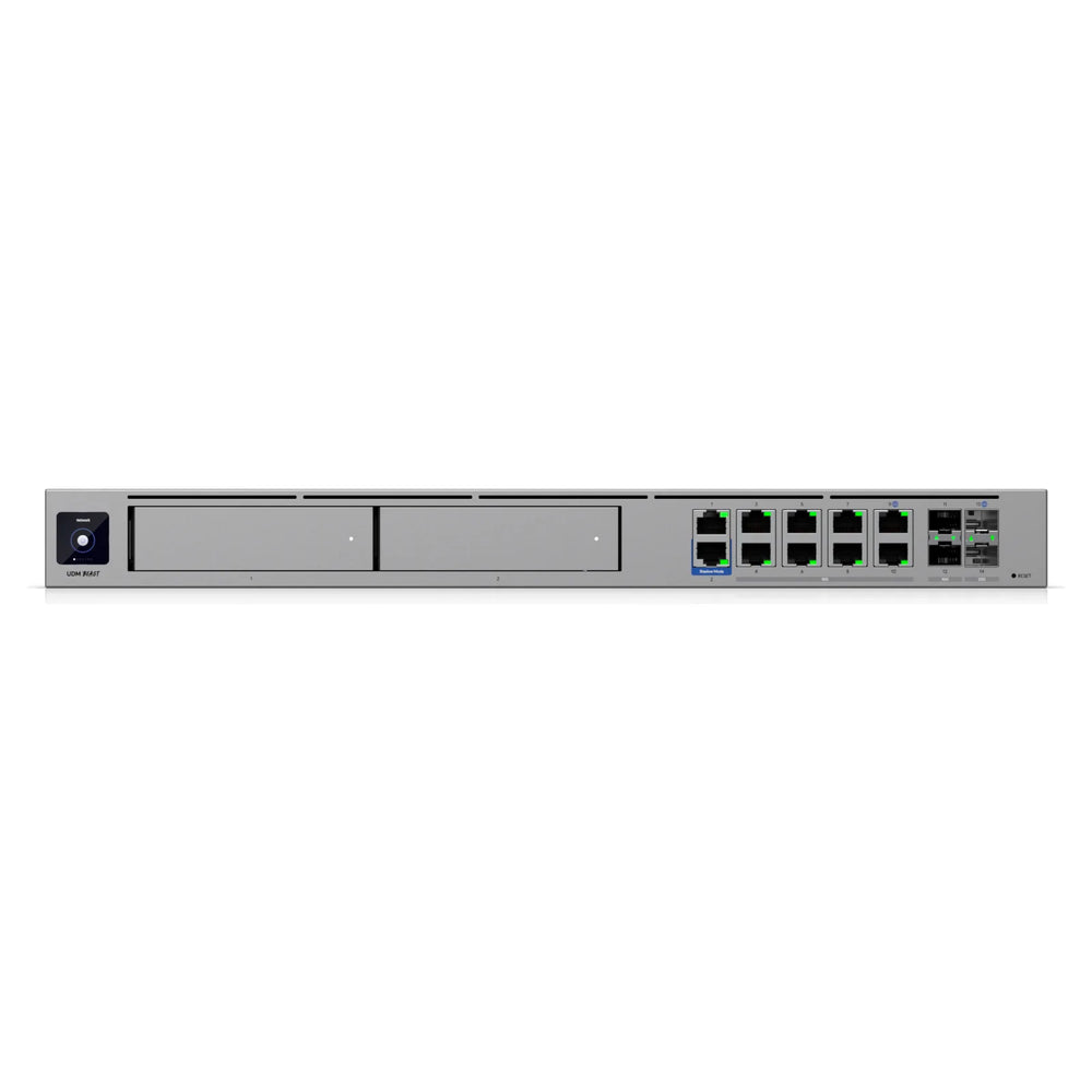 Frontal del UDM Beast con bahías de disco y puertos de 10 GbE, SFP+ y SFP28