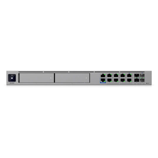 Frontal del UDM Beast con bahías de disco y puertos de 10 GbE, SFP+ y SFP28