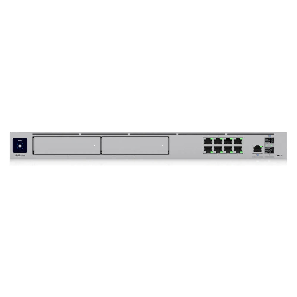 Frontal del UDM Pro Max con bahías de disco, puertos RJ45 y SFP+