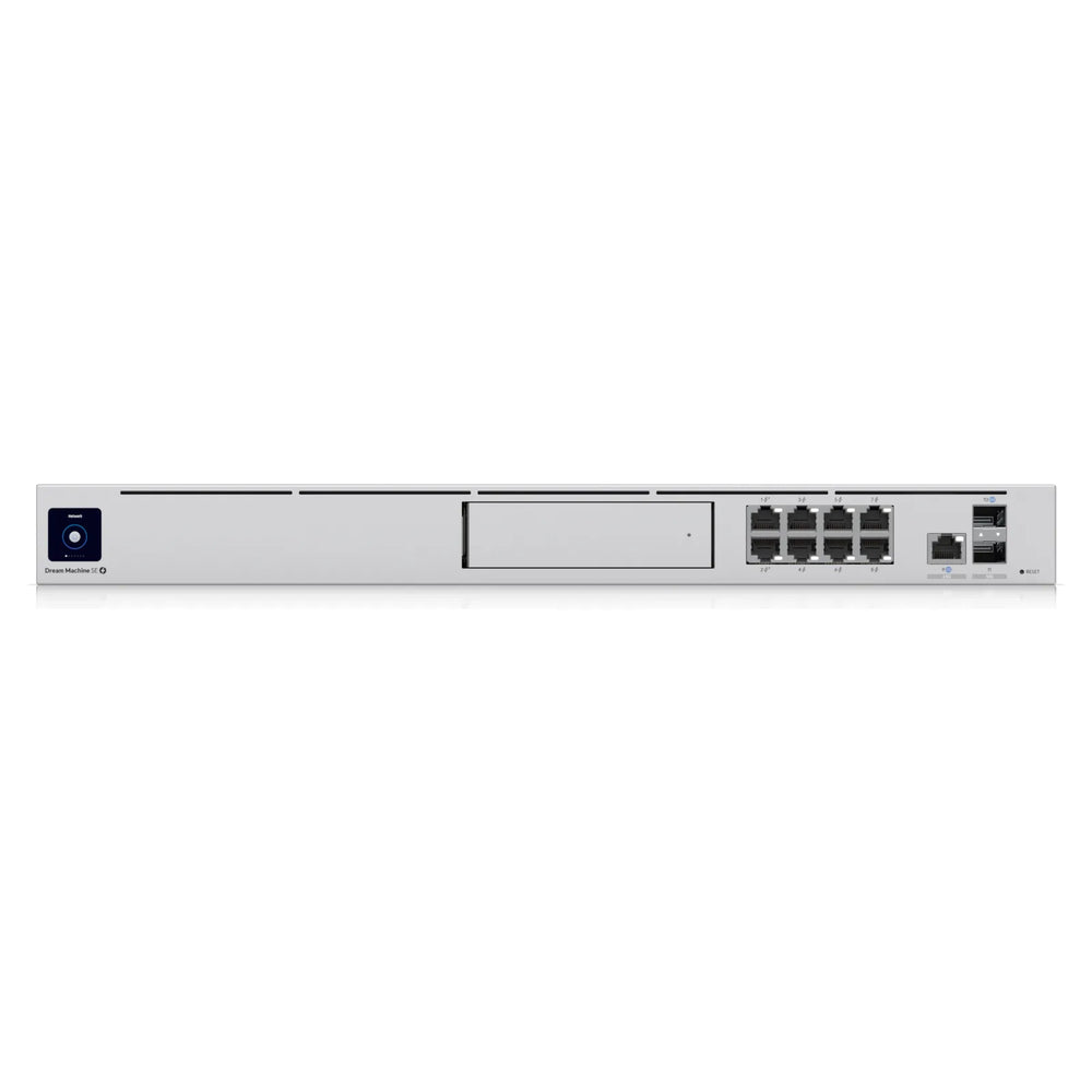 Frontal del UDM SE con bahía de disco, puertos PoE y SFP+