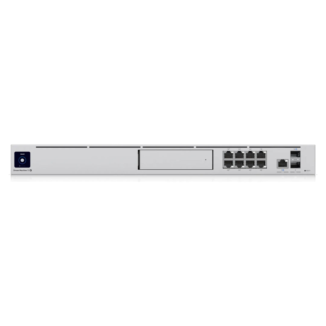 Frontal del UDM SE con bahía de disco, puertos PoE y SFP+