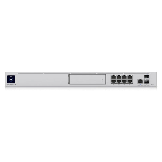 Frontal del UDM SE con bahía de disco, puertos PoE y SFP+