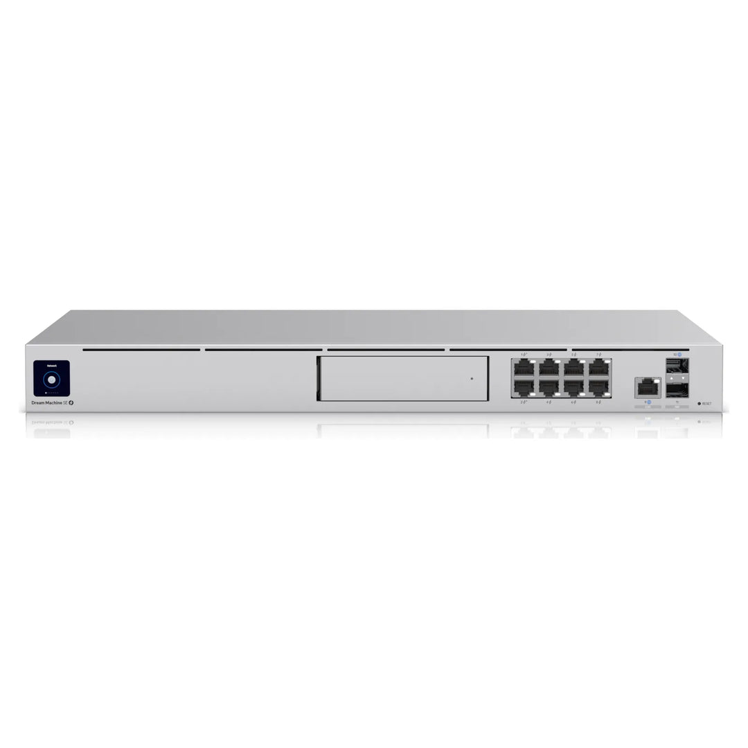 UniFi Dream Machine SE en perspectiva, gateway de rack con switch PoE