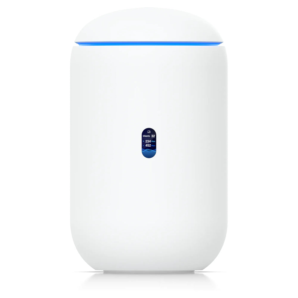 Frontal del UniFi Dream Router 7 con pantalla de estado