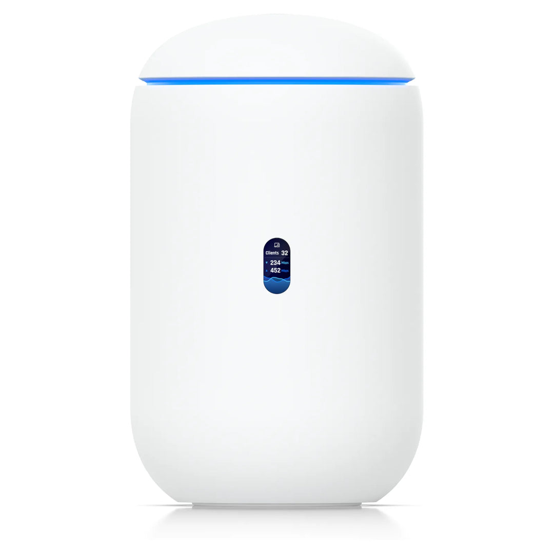 Frontal del UniFi Dream Router 7 con pantalla de estado