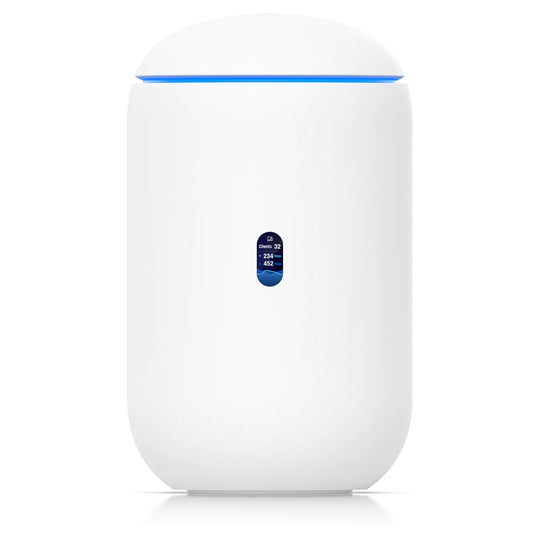Frontal del UniFi Dream Router 7 con pantalla de estado