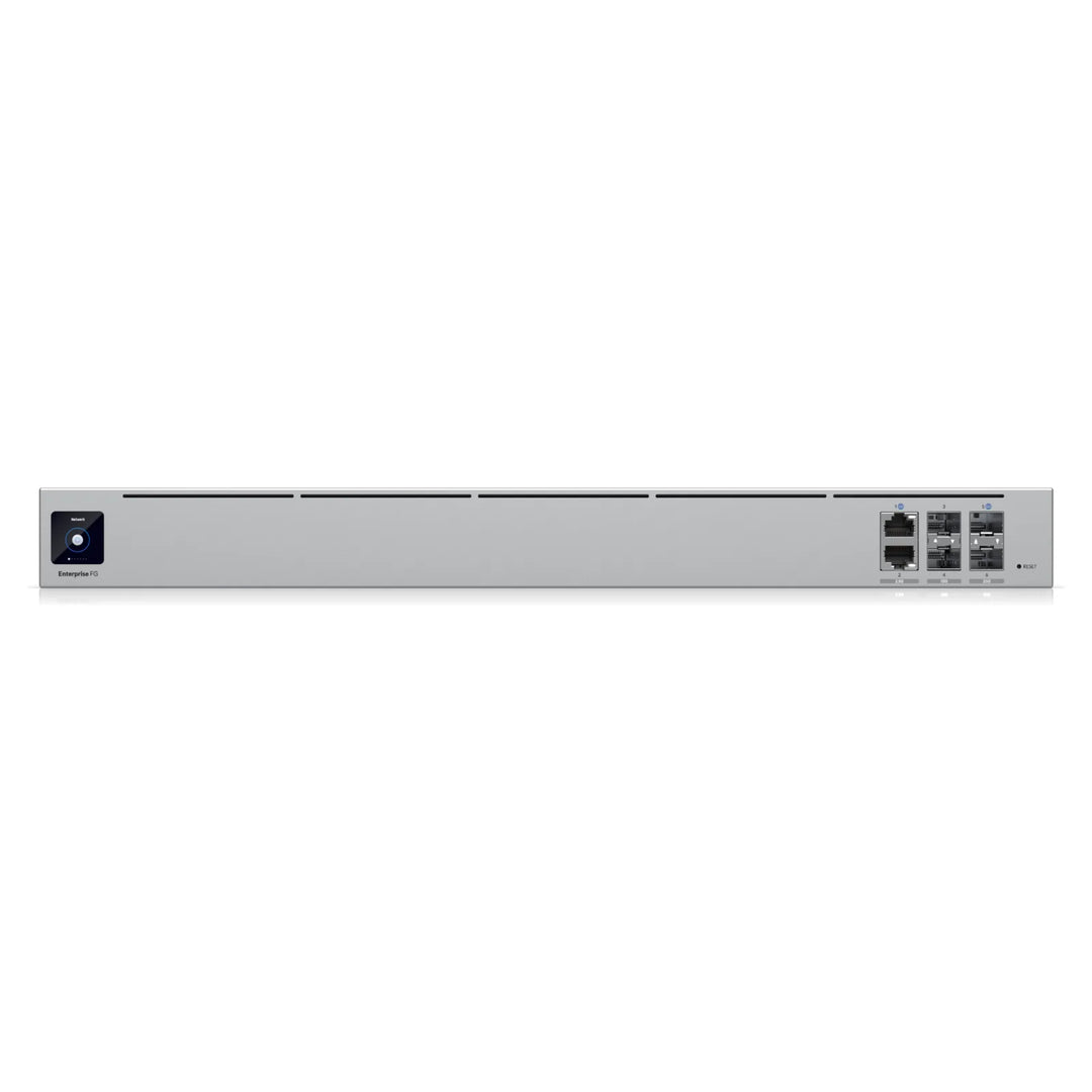 Frontal del UniFi Enterprise Firewall con puertos SFP28, SFP+ y RJ45