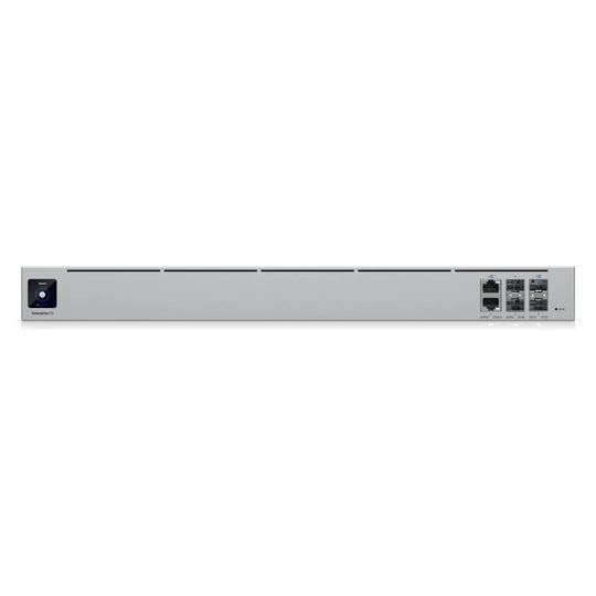 Frontal del UniFi Enterprise Firewall con puertos SFP28, SFP+ y RJ45