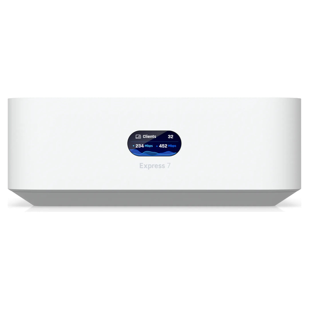 Frontal del UniFi Express 7 con pantalla de estado