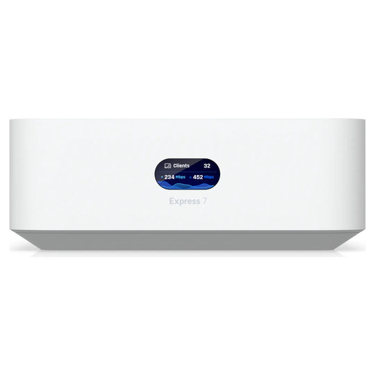 Frontal del UniFi Express 7 con pantalla de estado