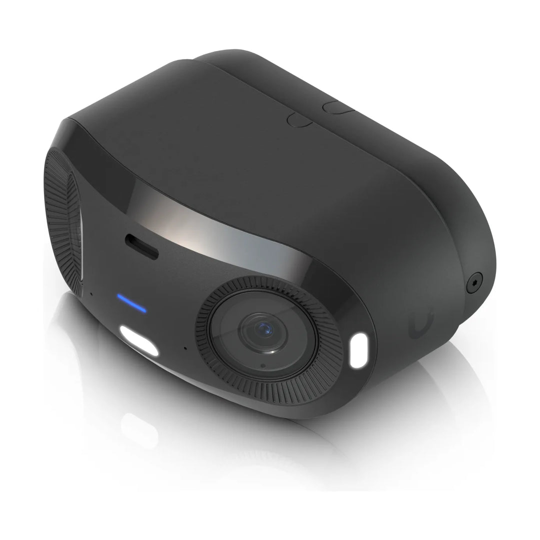Cámara panorámica Ubiquiti UniFi G6 180 negra, vista en perspectiva de los dos objetivos