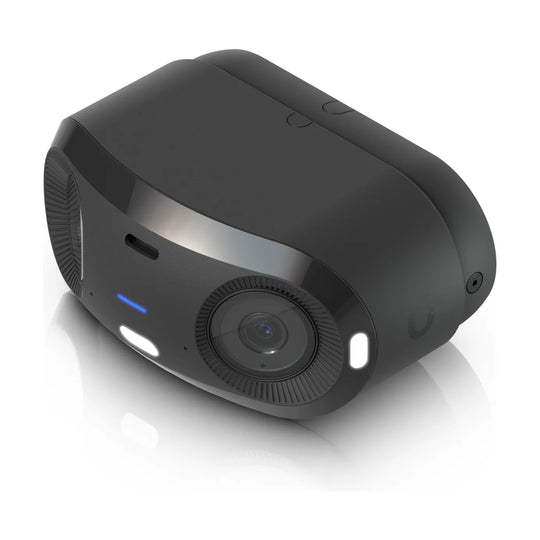 Cámara panorámica Ubiquiti UniFi G6 180 negra, vista en perspectiva de los dos objetivos