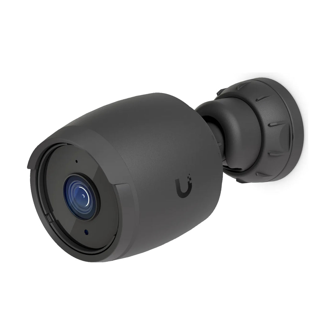 Cámara bala Ubiquiti UniFi G6 Bullet negra, vista en perspectiva con su soporte