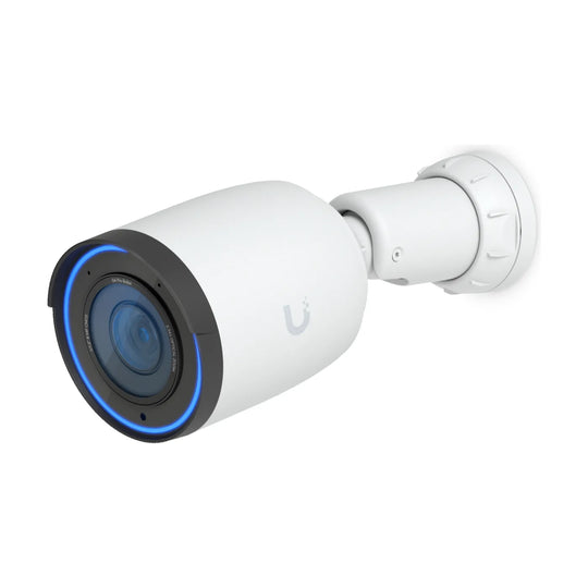 Cámara bala G6 Pro Bullet blanca, vista en perspectiva con su soporte