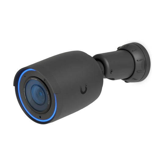 Cámara bala Ubiquiti UniFi G6 Pro Bullet negra, vista en perspectiva con su soporte