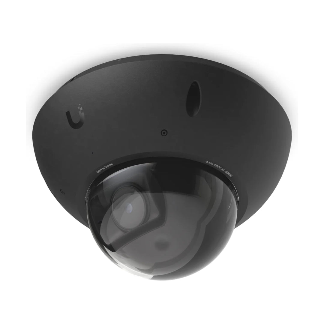 Black Ubiquiti UniFi G6 Pro Dome, front view of the optical zoom lens under the dome