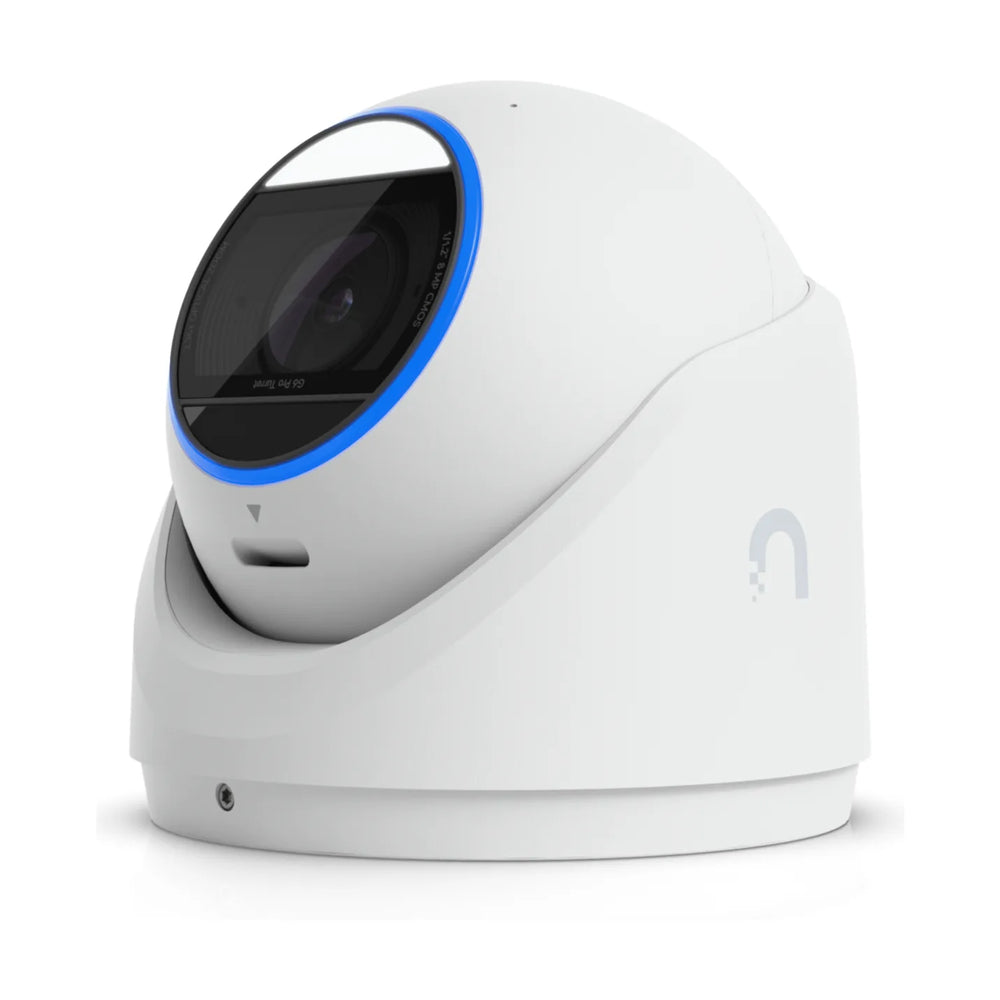 Cámara torreta G6 Pro Turret blanca, vista en perspectiva del objetivo y la carcasa