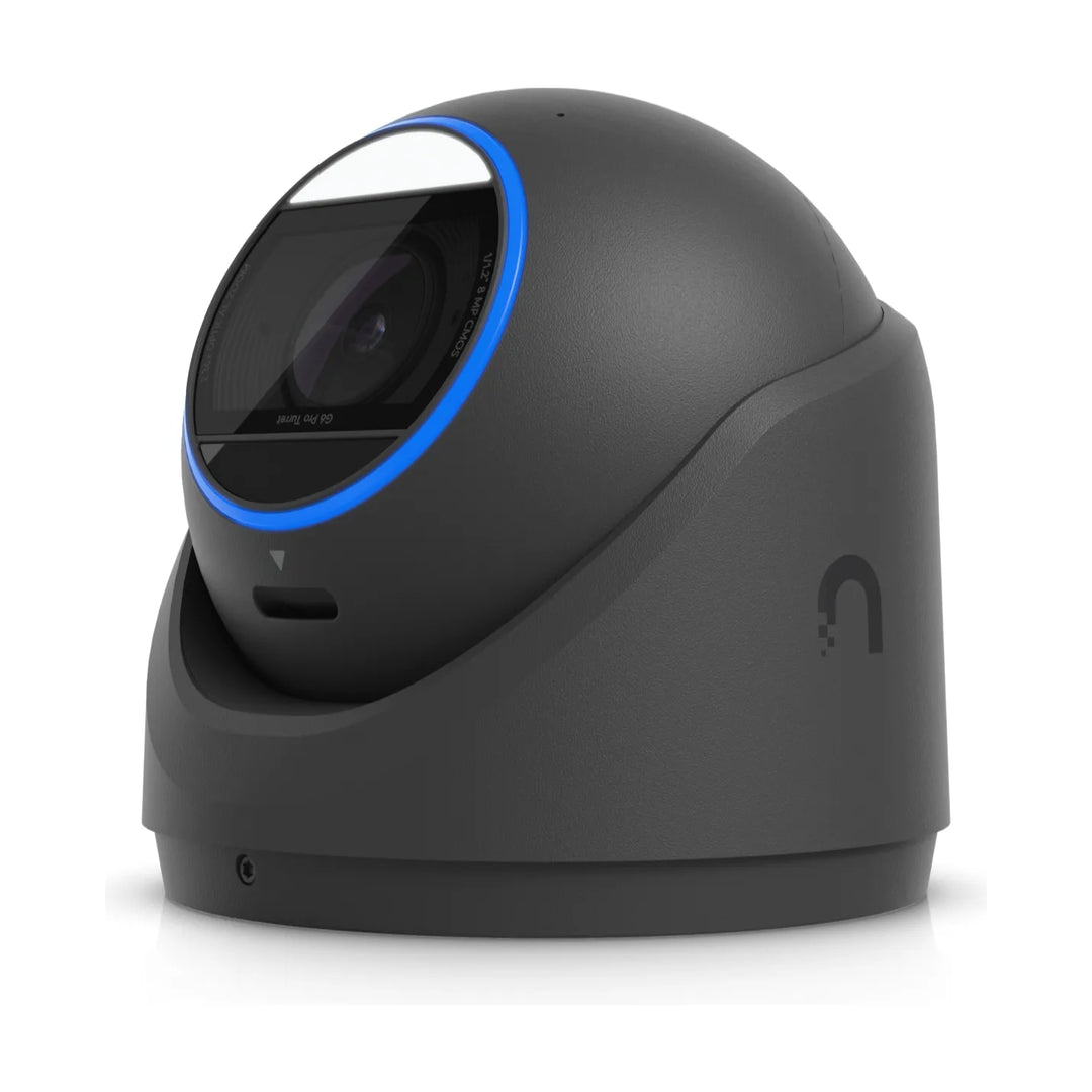 Cámara torreta Ubiquiti UniFi G6 Pro Turret negra, vista en perspectiva del objetivo y la carcasa