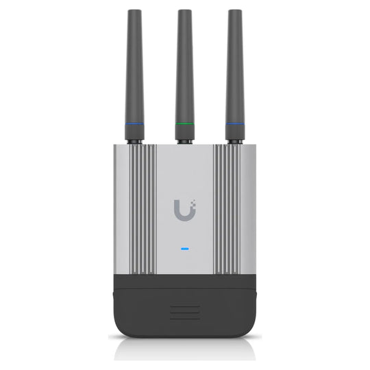 Router UMR Industrial de frente con las antenas LTE, WiFi y GPS