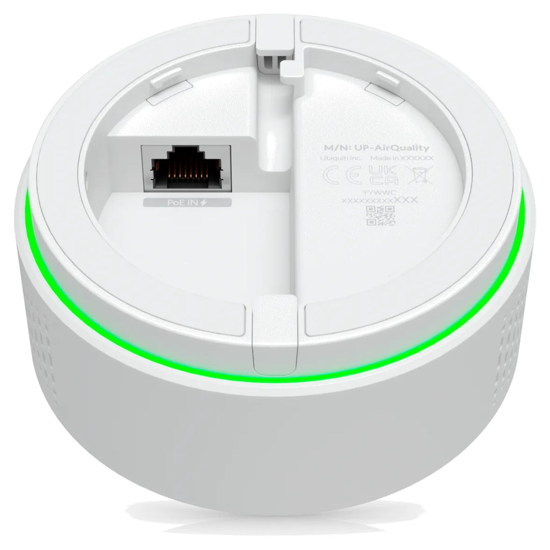 UniFi AirQuality, vista trasera con el puerto de red y el anillo LED