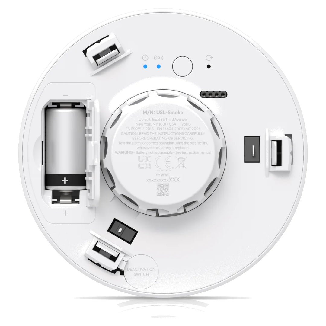 Alarma de humo y CO UniFi SuperLink, vista trasera con la pila CR123A