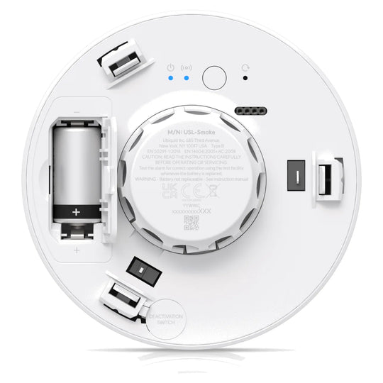 Alarma de humo y CO UniFi SuperLink, vista trasera con la pila CR123A