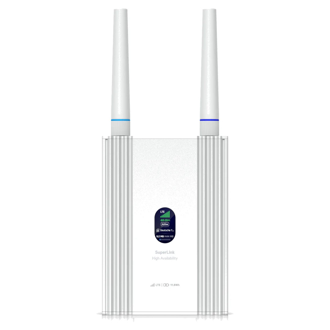 Pasarela Ubiquiti UniFi SuperLink Gateway HA con dos antenas, vista en perspectiva
