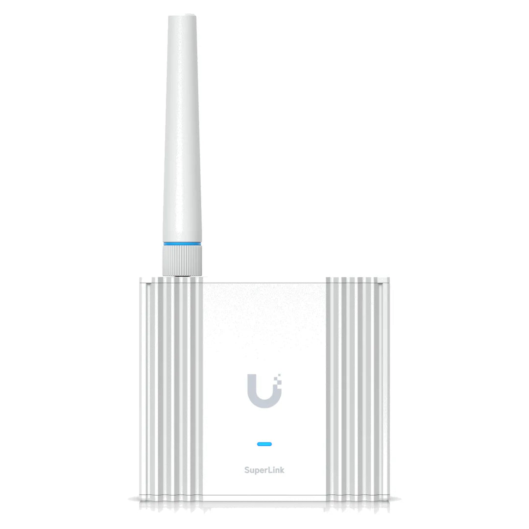 Pasarela Ubiquiti UniFi SuperLink Gateway con antena, vista en perspectiva