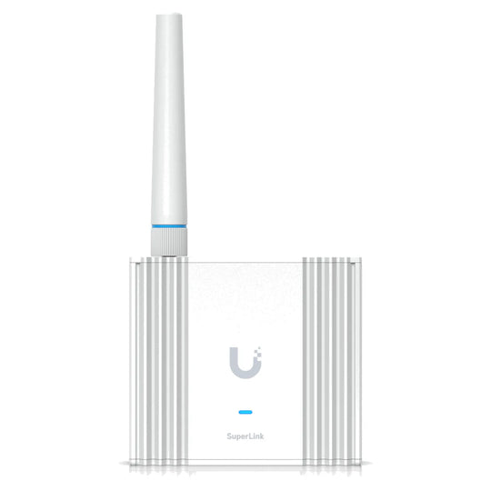 Pasarela Ubiquiti UniFi SuperLink Gateway con antena, vista en perspectiva