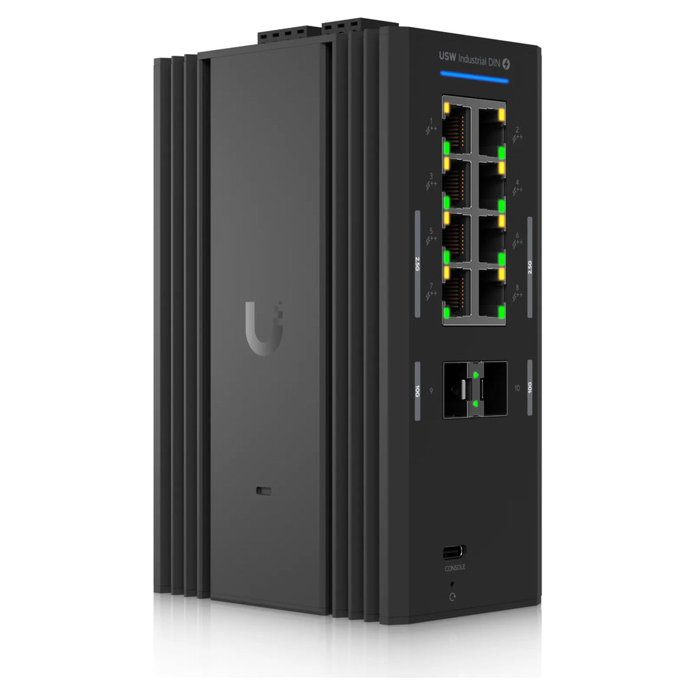 Switch Industrial DIN 2.5G 8 PoE, vista frontal de puertos y SFP+