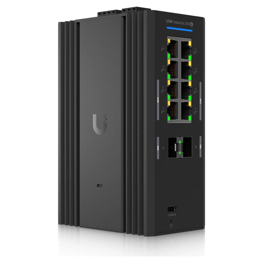 Switch Industrial DIN 2.5G 8 PoE, vista frontal de puertos y SFP+