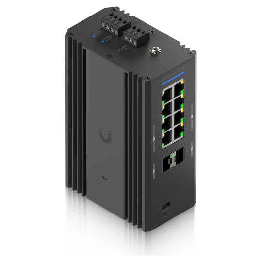 Switch Industrial DIN 2.5G 8 PoE desde arriba en ángulo