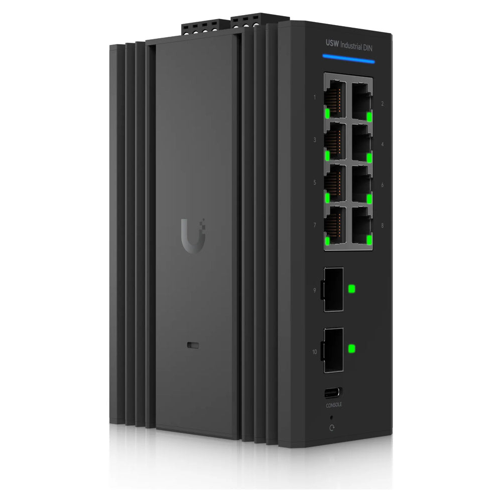 Switch Industrial DIN 8, vista frontal con 8 puertos RJ45 y 2 SFP
