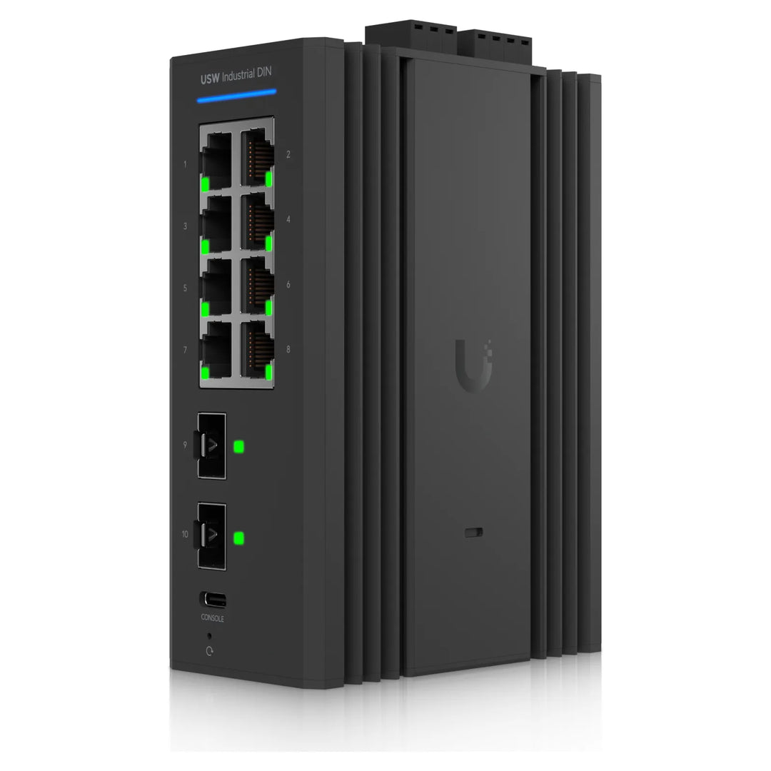 UniFi Switch Industrial DIN 8 en perspectiva, carcasa de aluminio