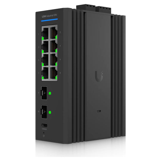 UniFi Switch Industrial DIN 8 en perspectiva, carcasa de aluminio