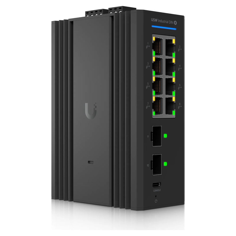 Switch Industrial DIN 8 PoE, vista frontal de los 8 puertos PoE++