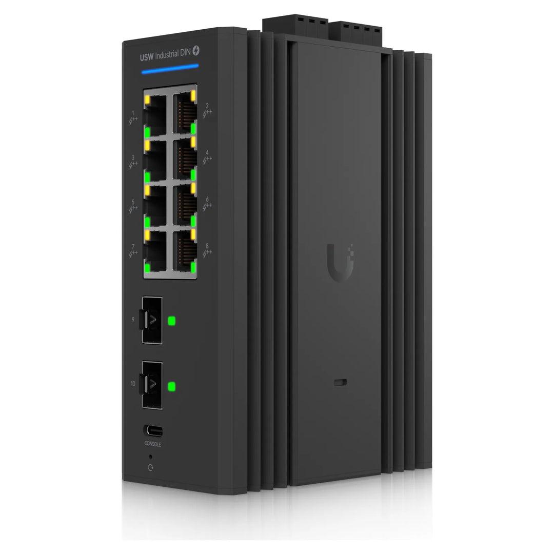 UniFi Switch Industrial DIN 8 PoE en perspectiva, carcasa de aluminio