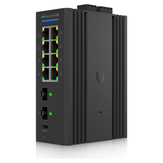UniFi Switch Industrial DIN 8 PoE en perspectiva, carcasa de aluminio