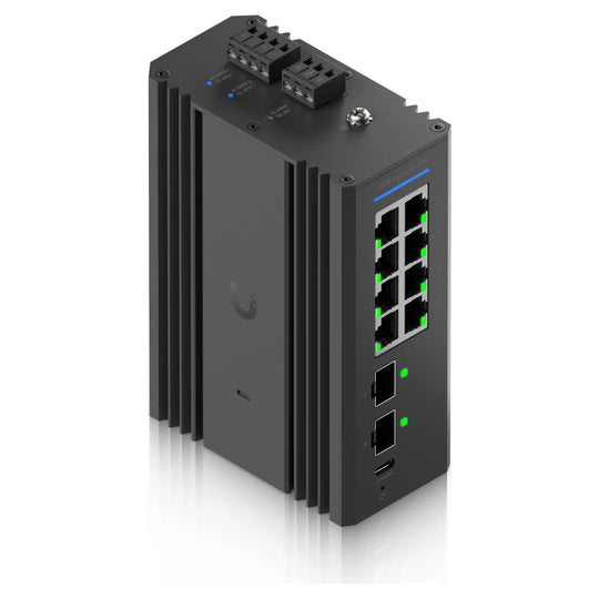 Switch Industrial DIN 8 PoE desde arriba en ángulo