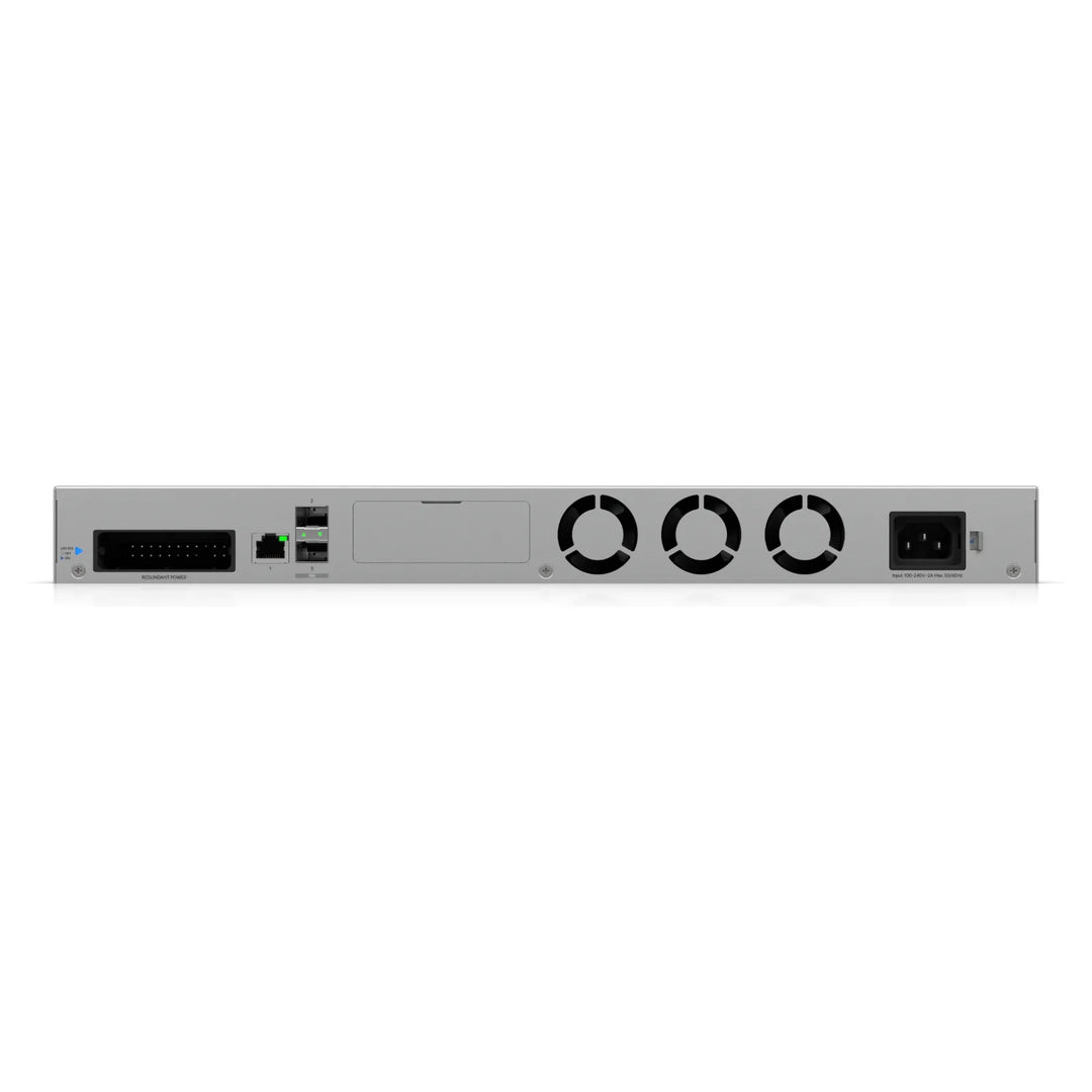 UNAS Pro 4, vista trasera con los puertos SFP+ y la alimentación