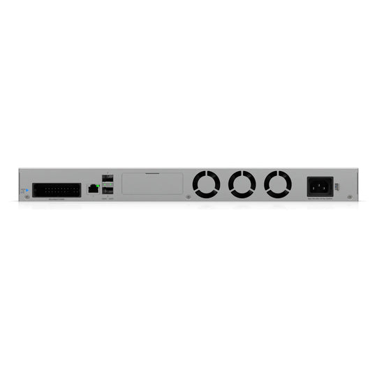 UNAS Pro 4, vista trasera con los puertos SFP+ y la alimentación