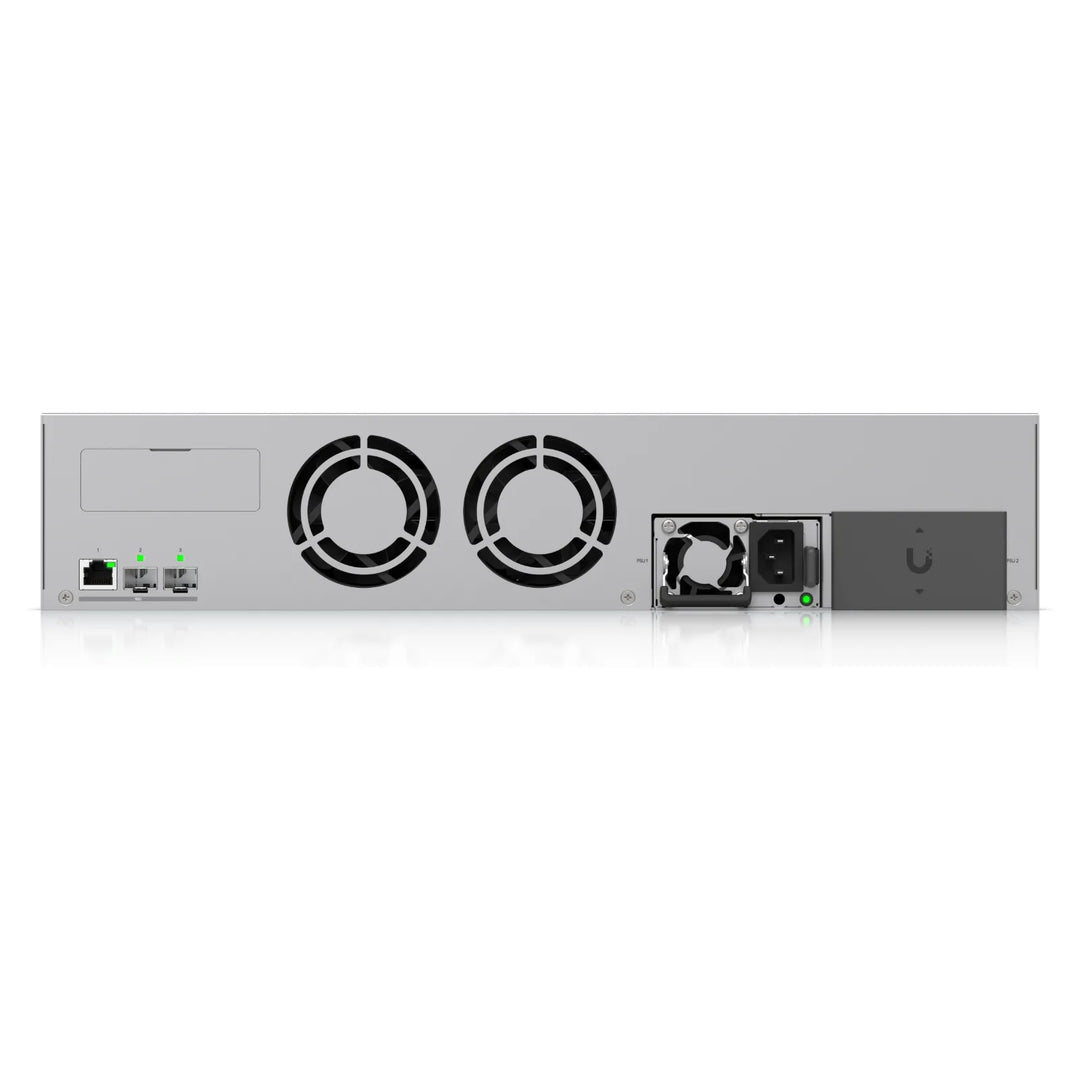 UNAS Pro 8, vista trasera con las dos fuentes y los puertos de 10 GbE