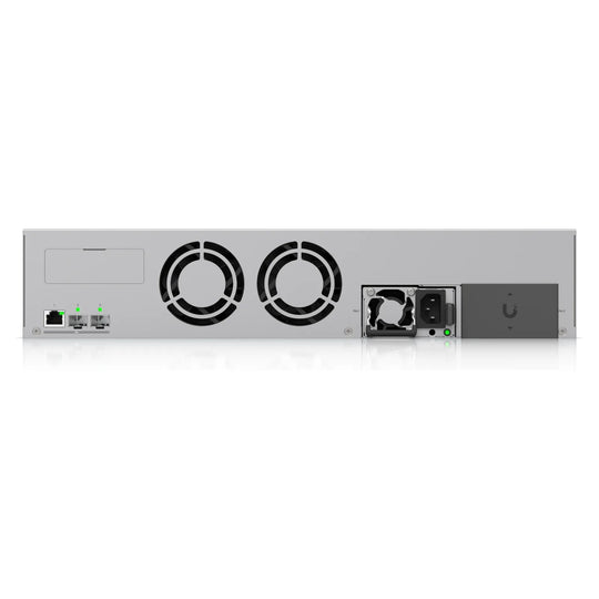 UNAS Pro 8, vista trasera con las dos fuentes y los puertos de 10 GbE
