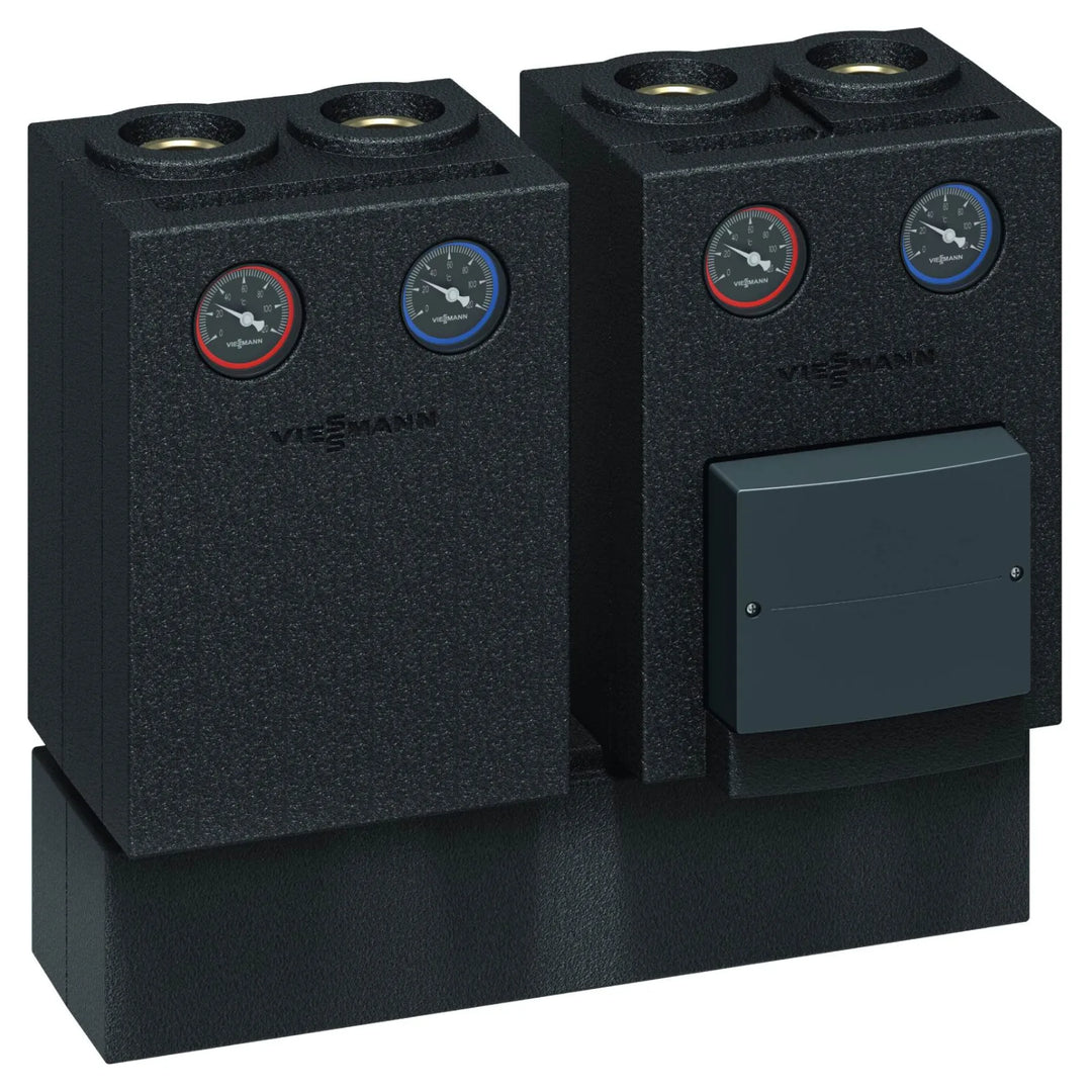 Colector Viessmann con dos grupos de bombeo Divicon montados encima, vista frontal - Q-Tech® 2027