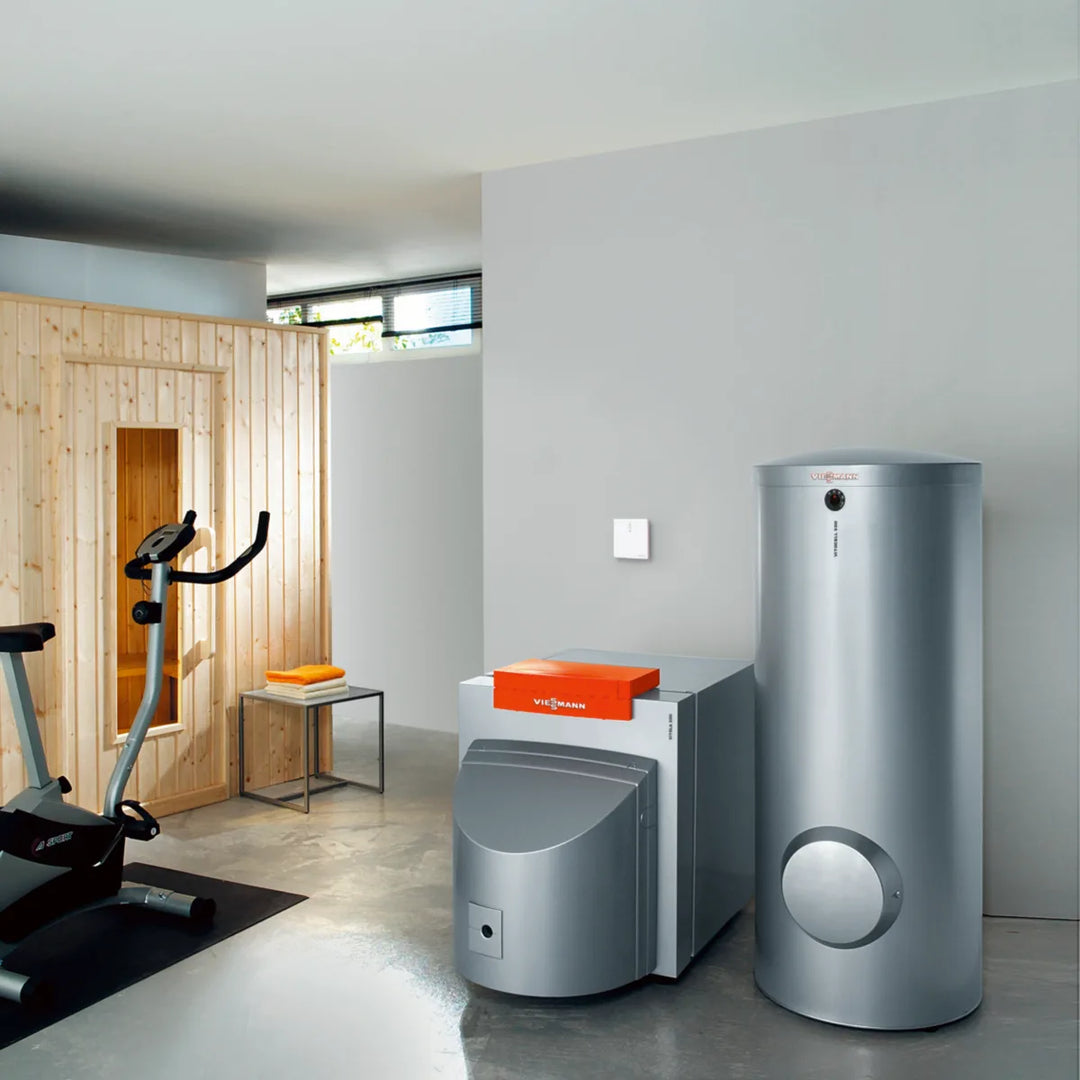 Vitoconnect mounted on the wall of a Viessmann boiler room